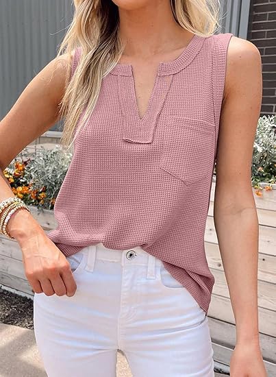Zilcon Woman Fashion Waffle Summer Winter Tops for Woman Deep V Neck Sleeveless Tops Womens Casual Tops (in, Alpha, XL, Regular, Pink) 3