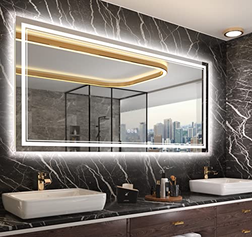 72 x 32 Inch LED Mirror for Bathroom with Front and Backlit,Large Lighted Bathrooom Mirrors for Wall,3 Colors Stepless Dimming Bathrooom Vanity Mirror LED Lights, Anti-Fog, Memory