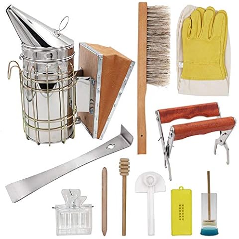 MUDUOBAN Beekeeping Supplies 11pcs Beekeeping Tools Kit for Beekeeper Bee Hive Smoker/Bee Brush/Beekeeping Gloves/Queen Bee Cage/Beehive Frame Gripper Cover
