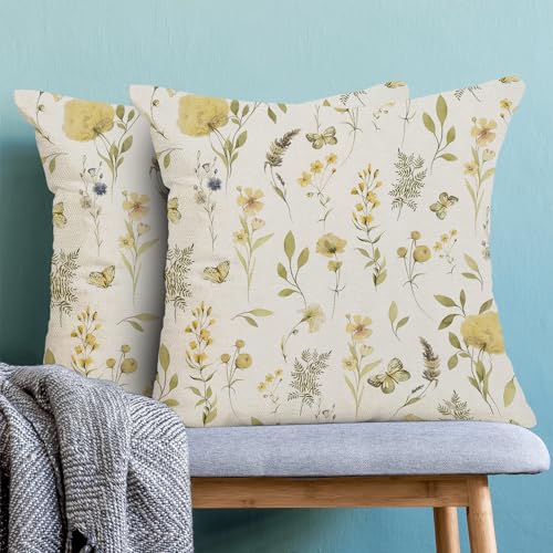 Image of Spring Pillow Covers 20x20 Inch Set of 2, Mustard Yellow Green Wild Flower Throw Pillows Case,Colorful Seasonal Floral Plant Outdoor Decorative Farmhouse Decor Cushion Covers for Sofa Bed Couch