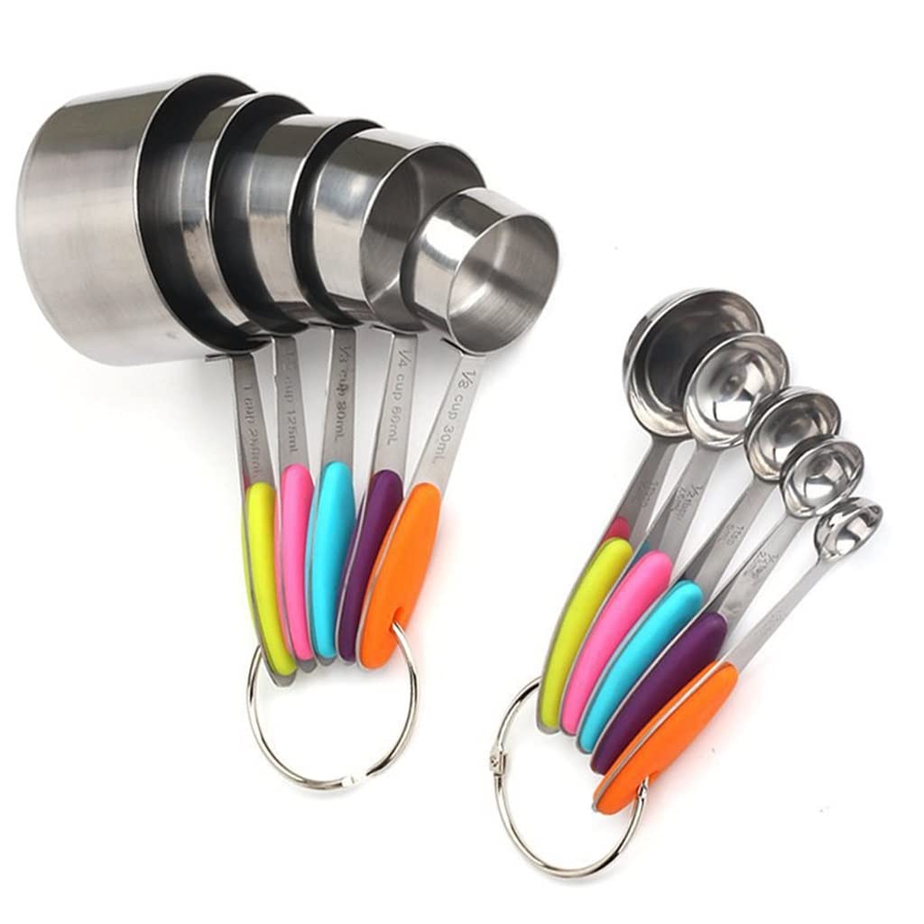 BAtlam Juego de 10 Tazas y cucharas medidoras de Acero Inoxidable, 5 Tazas medidoras y 5 cucharas medidoras con Mangos de Silicona de Colores (Color : A, Size (A As The Picture Shows)
