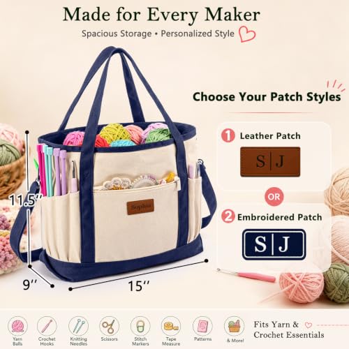 Image of Personalized Crochet Bag with Custom Leather Patch or Embroidered Name, Canvas Knitting Tote for Yarn Storage, Crochet Organizer with Multiple Pockets, Custom Gift for Crocheters & Knitters