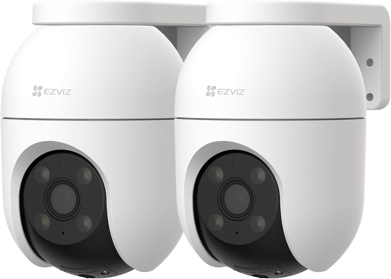 C8c (2 Pack) Wifi Outdoor Cameras Wired, 360° Pan Tilt, Support 512GB Card, No Monthly Fee, Human/Vehicle Detection, 1080P Colour Night Vision, Auto-Track, Wi-Fi CCTV Camera Systems (C8c 2MP)