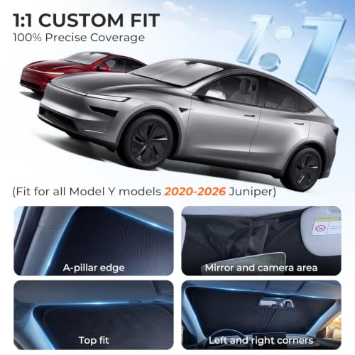 Image of [2026 Upgraded] DooGooCoo Windshield Sun Shade for Tesla Model Y & Model 3 2017-2026 [Cooling Ice-Crystal, 100% Sun Block] Sunshade for Car Windshield for Tesla Model 3 Sunshade Model Y Sunshade.