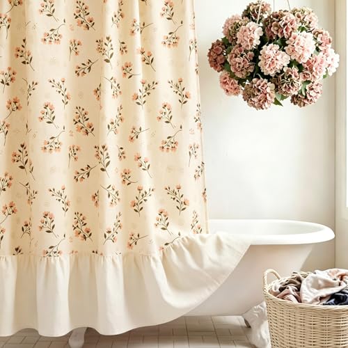 GBYcLyw Vintage Floral Shower Curtain with Ruffle Hem Textured Linen Fabric Rustic Boho Farmhouse Bathroom Decor Set Beige and Green Block Print 72x72 Inches