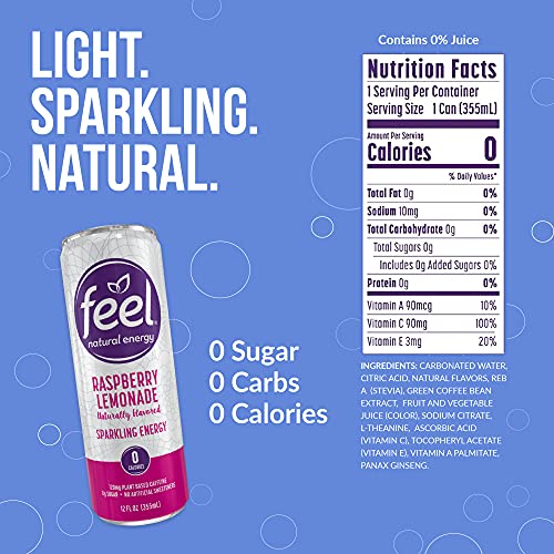 Feel Sparkling Raspberry Lemonade Natural Energy Drink, Zero Sugar Healthy Energy Drink, L-Theanine, Green Coffee Bean Caffeine Beverage, 12 Oz. (Pack Of 12) #TOP5