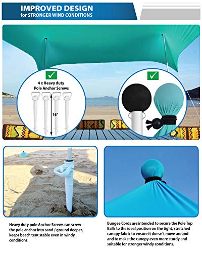 WINNINGO Premium Beach Sunshade, Large Sun Shade Canopy 10\' x 9\', Beach Tent with 4 Aluminum Poles, 4 Pole Anchors, Waterproof Carry Bag & Bonus Tarp Mat, UPF50 UV Protection (Turquoise) - Thumbnail 2
