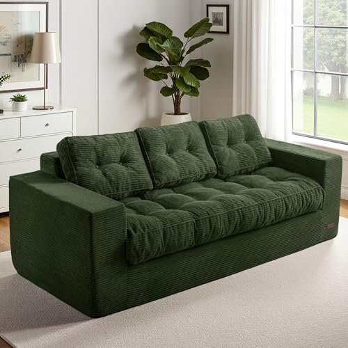 Image of MAXYOYO Loveseat Sofa Couch, Upholstered Bean Bag Chair Cloud Seat for Adults, Boneless Couch with Cushion & Pillows, Sofa in A Box, No Assembly Required, Corded Dark Green, 3-Seat