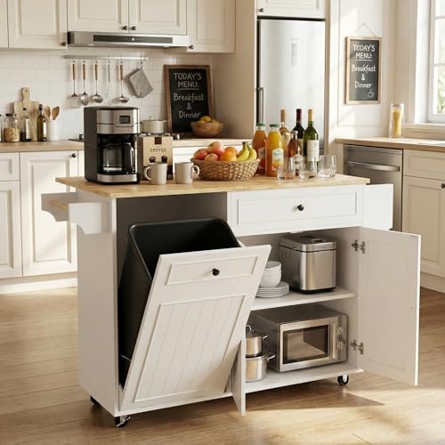 MEETFAV Modern Kitchen Island Cart with Power Outlet & Drop Leaf, Rolling Storage Island Table with Concealed Trash Bin Holder, Mobile Breakfast Bar with Drawer, Adjustable Shelf and Spice Rack - image 1