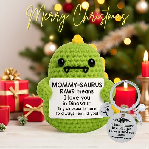 Image of Birthday Gift for Mom Dinosaur Stuffed Animal with Keychain, Handmade Positive Crochet Animals Dino, Heartwarming Emotional Support Crochet Figure, Thoughtful Mom Gifts from Daughter Son