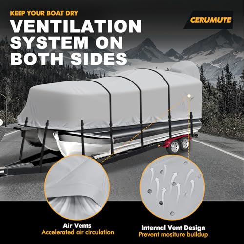 Pontoon Boat Cover, Heavy Duty 1200D Waterproof Pontoon Cover with Motor Cover and Windproof Adjustable Metal Buckle, 17-20 ft, Gray