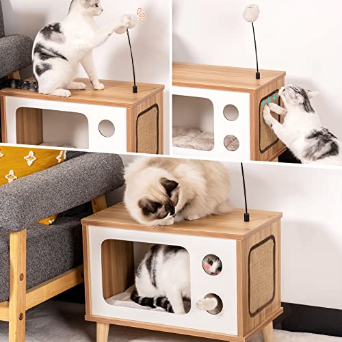Mewoofun Wooden Cat House Cat Bed For Indoor Cats Tv-Shaped Cat Condo Sturdy Large Luxury Cat Cave With Cat Scratcher Bell Ball Toys #TOP1