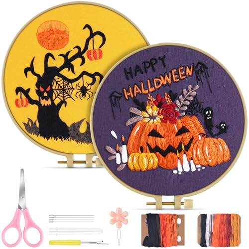 Image of TINDTOP Halloween Embroidery Kit for Adult, Embroidery Kit for Beginners | Include Embroidery Cloth Hoops Threads for Craft Lover Hand Stitch with Embroidery Skill Techniques