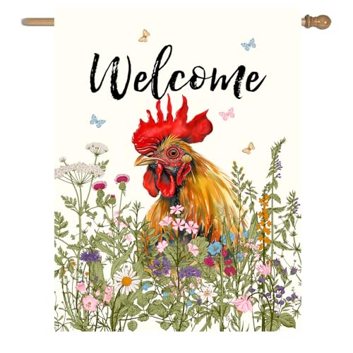 Floral Chicken Garden Flag Spring Summer House Flags 28x40 Double Sided Farmhouse Rooster Yard Flags for Outside Large Outdoor Welcome Flags Farm Chicken Coop Decor