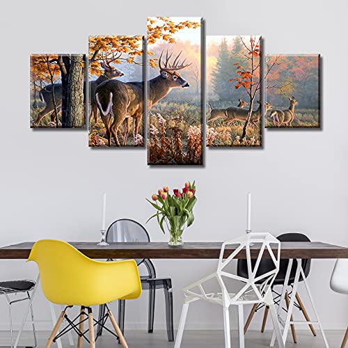 Deer Canvas Wall Art Rustic Moose Fall Landscape Painting Hunting Animal Theme Picture Decor For Home Bathroom Living Room Bedroom Log Cabin Office, Ready To Hang, 60" W X 32" H, 5 Pieces #TOP4