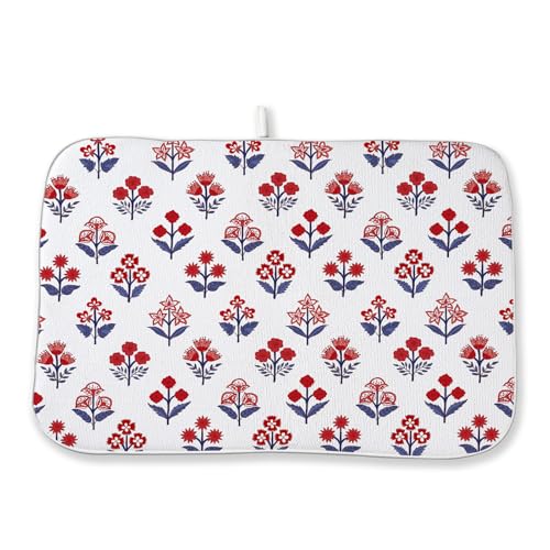 Red Blue Dish Drying Mat 18x24 Inch Vintage Boho Block Print Floral Drying Mat 4th of July Patriotic Flower Seasonal Absorbent Dish Drying Pad Dish Rack Drainer Mats for Kitchen Dining Counter