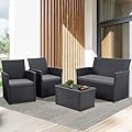 FHFO 4 Piece Outdoor Patio Furniture Sets, Wicker Sectional Conversation Sofa Set, Rattan Table and Chairs and Loveseat with Cushions for Outside Balcony Porch Backyard (Black-Grey)
