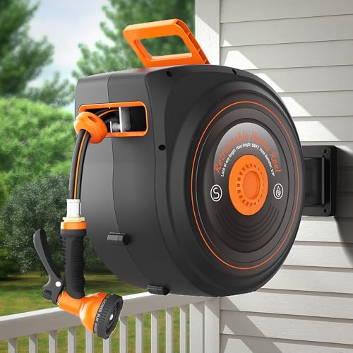 Treillage Tale Retractable Garden Hose Reel 50 FT 1/2 IN for Outside, Upgraded 10 Spray Patterns, Heavy Duty Automatic Water Hose Reel with Any Length Lock, Wall Mount, Pro Guide System, 180° Swivel