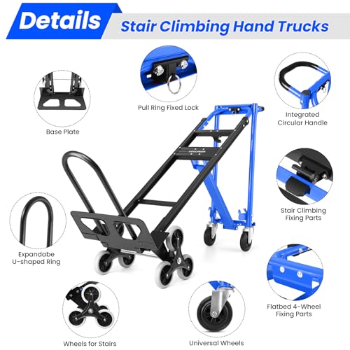 Image of 1000LBS Convertible Hand Truck, Heavy Duty Foldable Aluminum Stair Climbing Dolly with Solid Wheels for Moving /Office /Travel (Blue)