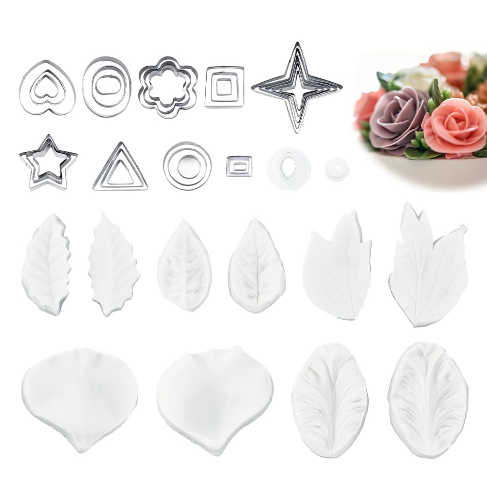 SUPERFINDINGS Set di 43 formine professionali per fondente, a forma di fiore, in acciaio inox, in silicone, per decorare torte, pasta di gomma, zucchero, fiori, fai da te