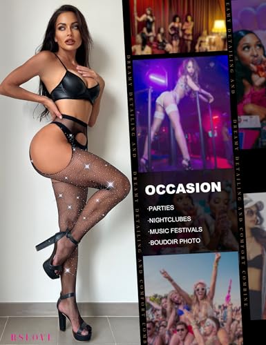 Image of RSLOVE Fishnet Stockings Rhinestone High Waist Tights Pantyhose Women's Sexy Sparkle Stockings