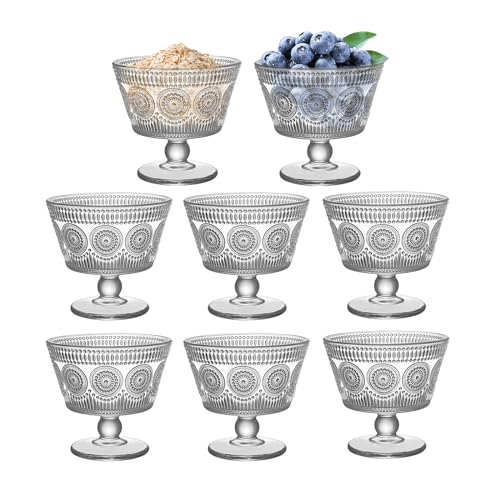 Vintage Glass Dessert Bowls, Set of 8, 9oz Glass Ice Cream Sundae Cups with Sunflower Pattern Glass Dessert Cups, Ideal for Ice Cream, Sorbet, Fruit, Snacks, Yogurt, and Appetizers (8)