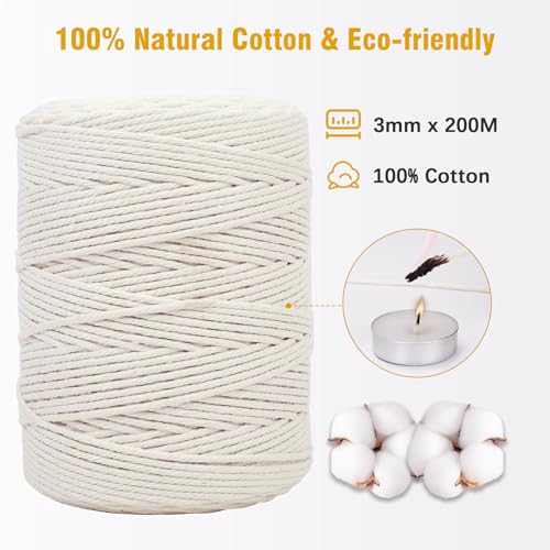 DOBIGER Premium Makramee Garn Beige, 3mm x 300m Großrolle | 100% Baumwolle & Ungebleicht | für große Wandbehänge & üppige Pflanzenampeln | Superweiche Baumwollkordel für Boho Deko