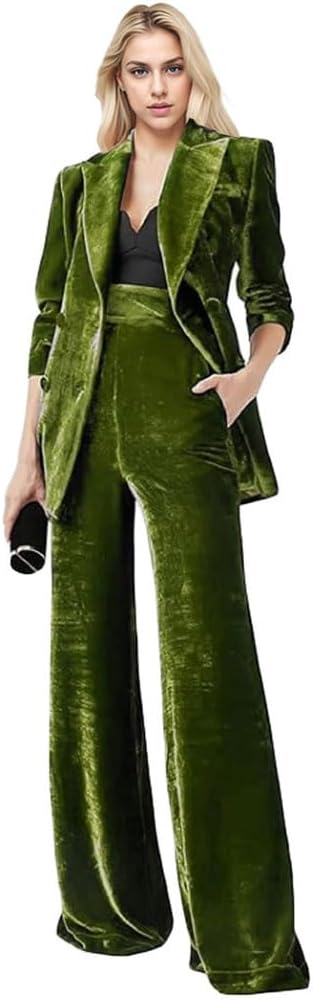 Women's 2 Piece Velvet Suit Office Work Suit Notch Lapel Double Breasted Blazer Pants Business Suit Set