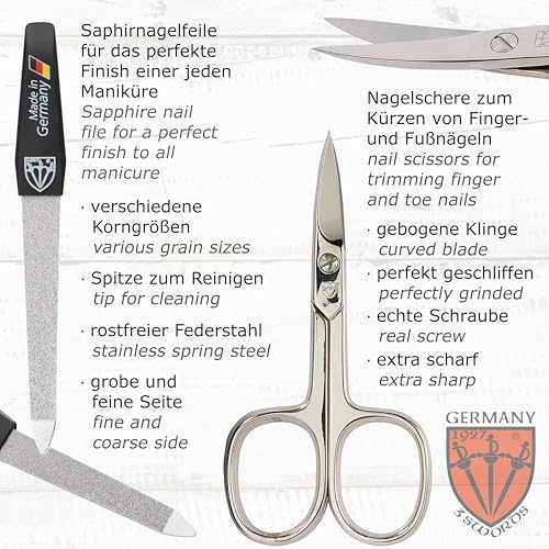 3 Swords Germany - brand quality 10 piece manicure pedicure grooming kit set for professional finger & toe nail care tweezers file clipper fashion leather case in gift box, Made by 3 Swords (01610) - Image 3