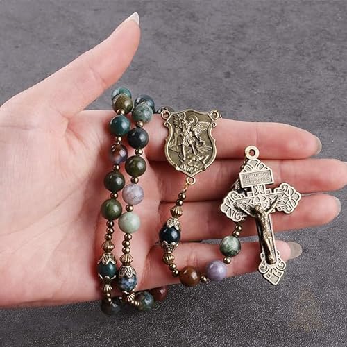 Catholic Town 8mm India Agate Natural Stone Beads, Large Rosary with Caps Saint Michael the Archangel Medal and Pardon Crucifix (CTROSSMA-IA)4