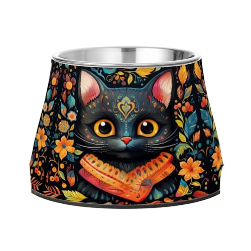 Chat De Fleurs ColoréEs Minou Noir Gamelles Antidérapantes pour Chiens,en Acier Inoxydable Empilables pour Chiots