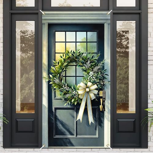 Image of Green Leaf Ring White Flower Cream Bow Door Cover 35x71in