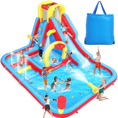 Whubefy Tobogán acuático inflable para niños, parque acuático inflable con 3 obstáculos acuáticos interactivos, piscina profunda con aspersor, piscina grande de tobogán largo, arco con aro de