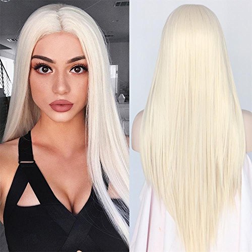 SAPPHIREWIGS Orange Color Natural Hairline Big Lace Free Part Daily Makeup Women Wedding Hair Synthetic Lace Front Wigs (White Blonde)