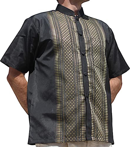 RaanPahMuang Brand Short Sleeve Formal Chinese Woven Motif Silk Shirt Plus Size, XX-Large, Black RaanPahMuang Brand Short Sleeve Formal Chinese Woven Motif Silk Shirt Plus Size, XX-Large, Black