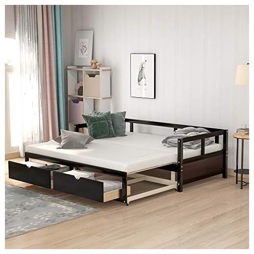 KLMM Extendable Daybed with Two Storage Drawers, Twin/King Size Foldable Daybed Solid Wood, Roll Out Trundle Accommodate Twin Size Mattresses (Espresso)