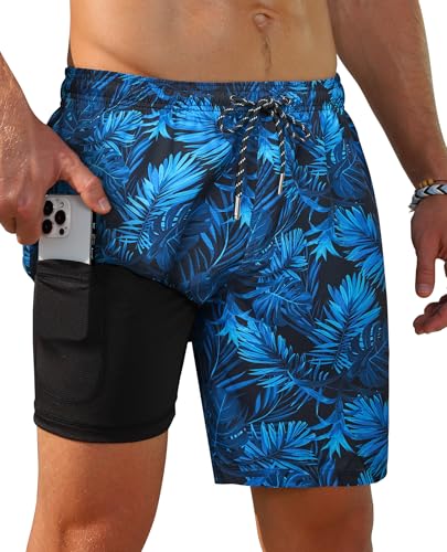 Image of Gleeease 7inch Mens Swim Trunks 2 in 1 with Compression Liner Pockets Drawstring Quick Dry Stretch Lined Funny Beach Pool