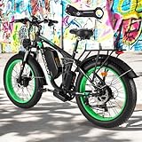PHNHOLUN Dual-Motor-Ebike 38MPH-52V-50AH/25AH 24' Fat Tire Men Electric Motorcycle for Women Adults Teens Electric Mountain Bike for Beach Snow (Black-Green)