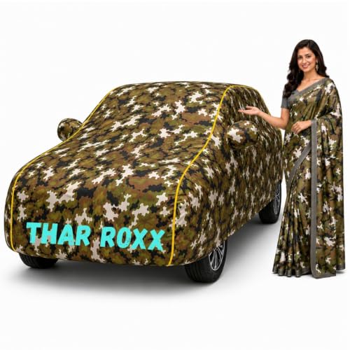 Image of Waterproof Car Body Cover for Thar Roxx All Weather Protection Comes with Inner Cotton Lining & Triple Stitched with Mirror & Antenna Pocket Belt & Elastic Fit Army with Yellow Piping