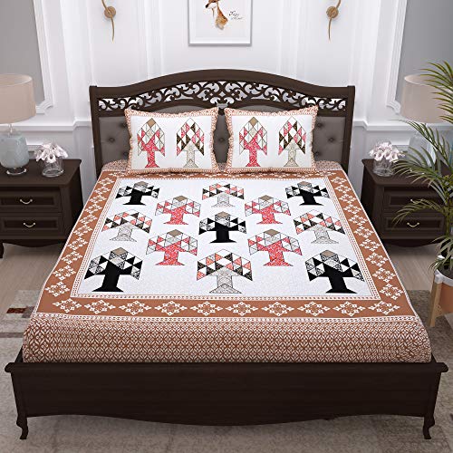 Image of Story@Home Pandora Collection 152 TC 100% Cotton Bedsheet for Double Bed with 2 Pillow Covers (90 X 108 Inch, White & Light Brown)