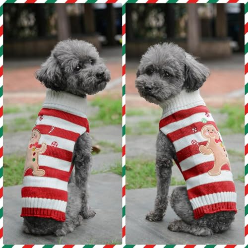 SKXEO Weihnachten Hund Pullover Kostüm, Neujahr Haustier Kostüm warm Winter Pullover gestrickt Weihnachten Haustier Kleidung für Welpen Katze Hunde (Gestreifter Lebkuchenmann-Pullover, S)