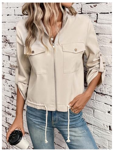 Verdusa Women's Roll Up Sleeve Full Zip Jacket Casual Mock Neck Outerwear with Pockets3