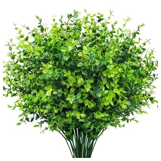 12 Bundles Greenery Artificial Plants Outdoors, Eucalyptus Stems UV Resistant Fake Foliage Plants Faux Boxwood Shrubs Indoor Decorations Artificial Flowers for Garden Pot Porch Fence Hanging Planter