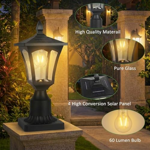 Eyrosa Outdoor Solar Lamp Post Light with Glass Shade & Pier Mount Base, IP45 Waterproof Dusk to Dawn Solar Post Lantern, Warm White for Garden, Yard, Fence, Deck & Holiday Décor