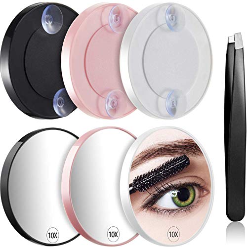 6 Pieces 10X Magnifying Mirror with 2 Suction Cups and 1 Piece Slant Eyebrow Tweezer, Mini Round Mirror Portable Magnifier Travel Set, 3 Colors (3.46 Inch)