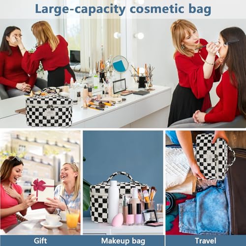 Gosect Large Makeup Bag, Cute Cosmetic Bag for Women Girls, Floral Coquette Aesthetic Toiletry Bag, Travel Make Up Organizer Bag (Black Checkered) — view 6
