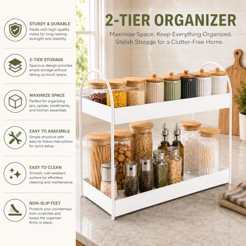 Image of Homeor 2-Tier Metal Countertop Organizer | Heavy Duty Standing Rack for Kitchen Spice Storage & Bathroom Vanity | Multi-Purpose Shelf For Kitchen, Cosmetic & Toiletry Display Shelf, White