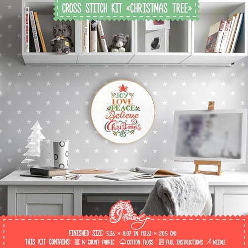 Image of Povitrulya Easy Counted Cross Stitch Kit for Adult Christmas Tree with Inspirational Words Joy, Love, Peace, Believe