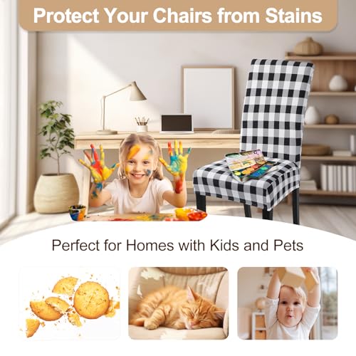 Image of SearchI Printed Dining Room Chair Covers Set of 6, Stretch Kitchen Chair Covers Washable Parsons Chair Slipcover Removable Dining Chair Protectors for Hotel,Ceremony(Black /White Plaid)