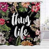 BROSHAN Tropic Flower Shower Curtains, Spring Romantic Watercolor Tropical Red Floral Green Palm Leaves on Black Art Print, Nature Fabric Bathroom Decor Set,72 inch Long